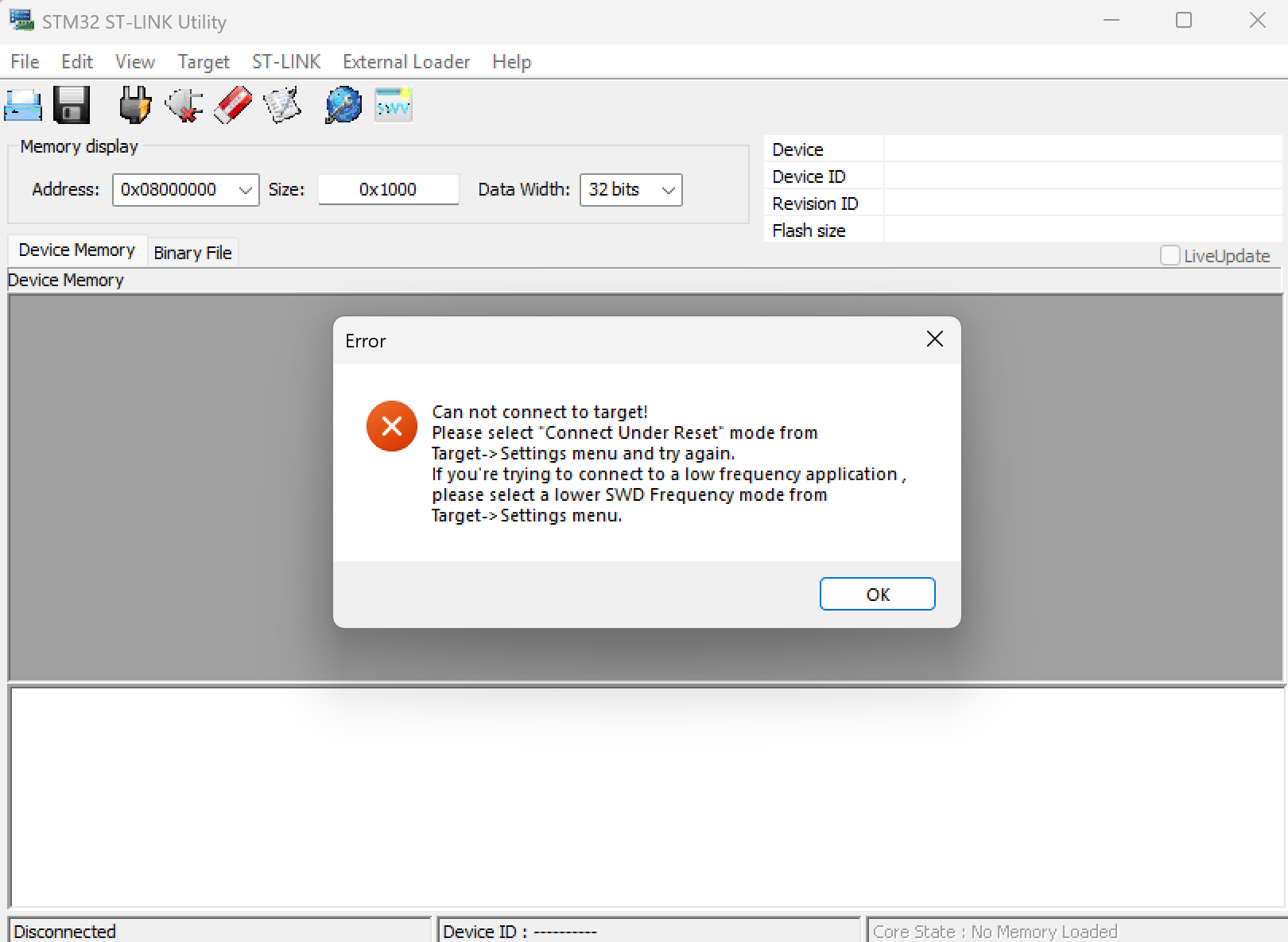 STLink utility error